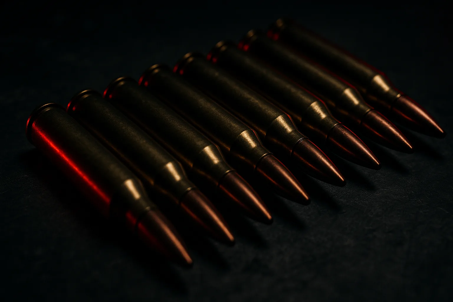 Wide cinematic establishing shot for an American premium ammunition brand's Ammunition catalog page: a moody close-up ma