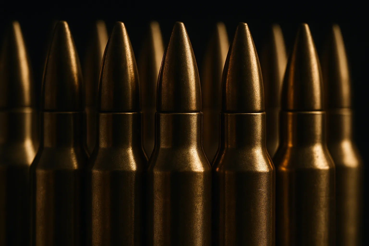 Extreme close-up macro photograph of polished brass rifle cartridges lined up in a tight row, shallow depth of field, dr