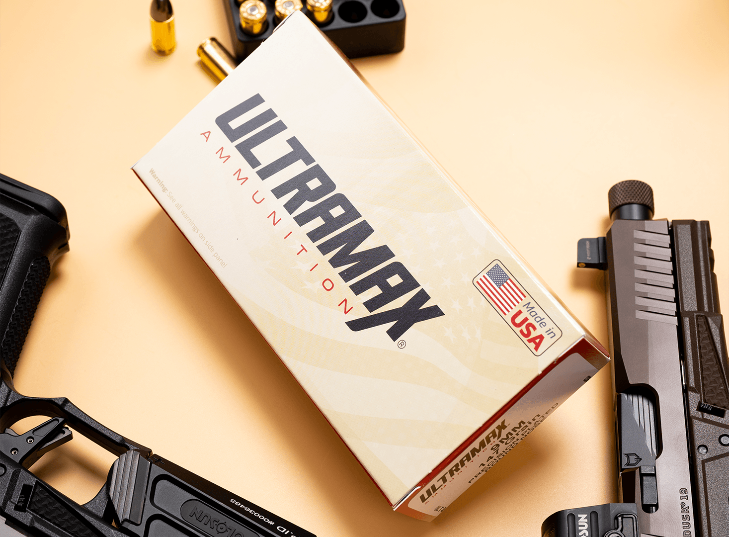 Ultramax ammunition packaging on a dealer shelf