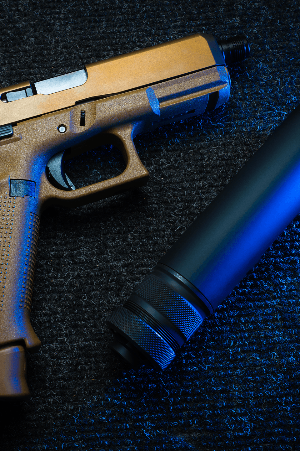 Close portrait of subsonic rifle cartridges lined up precisely