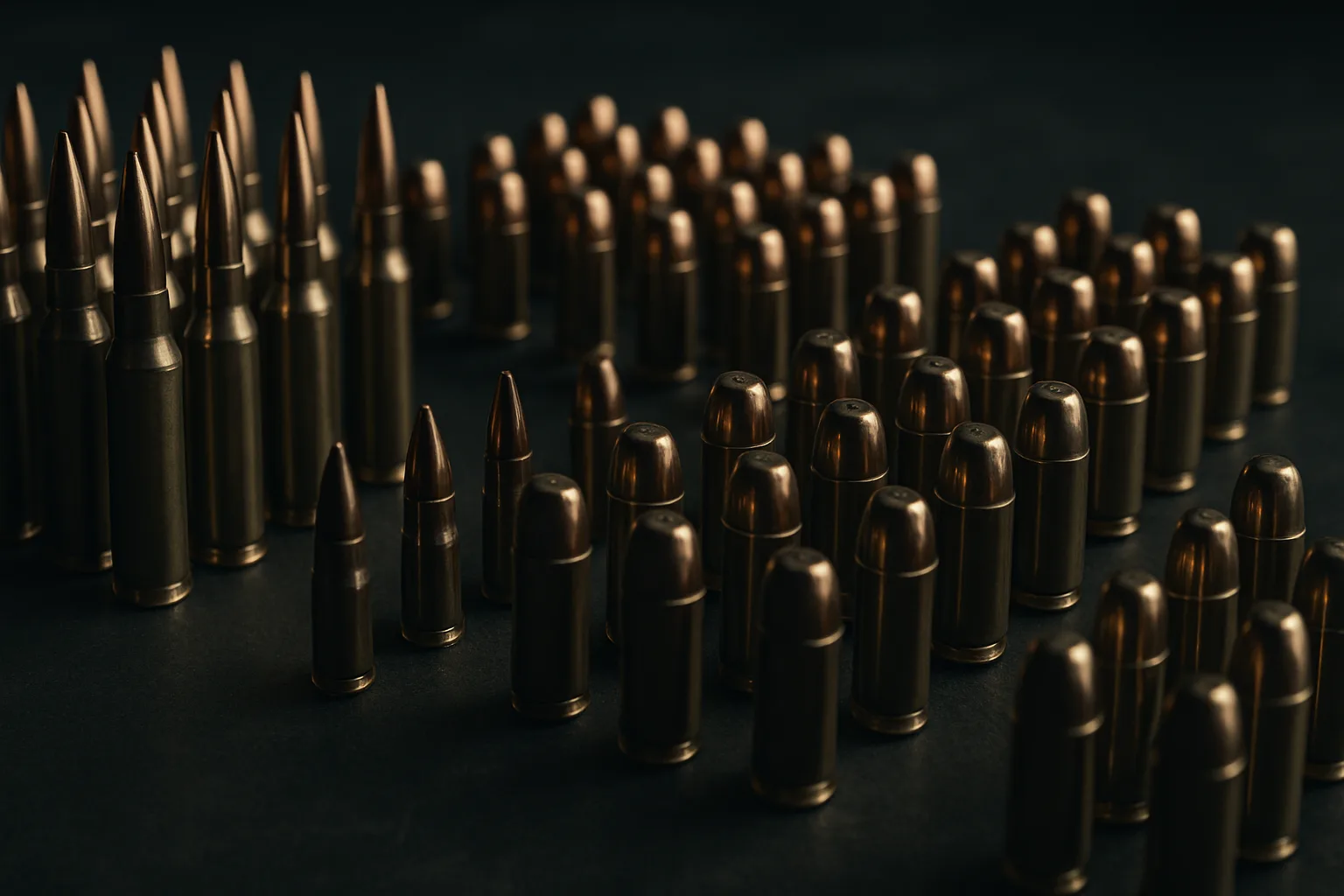 wide cinematic establishing shot for an American premium ammunition brand's Train and Defend product page: rows of polis