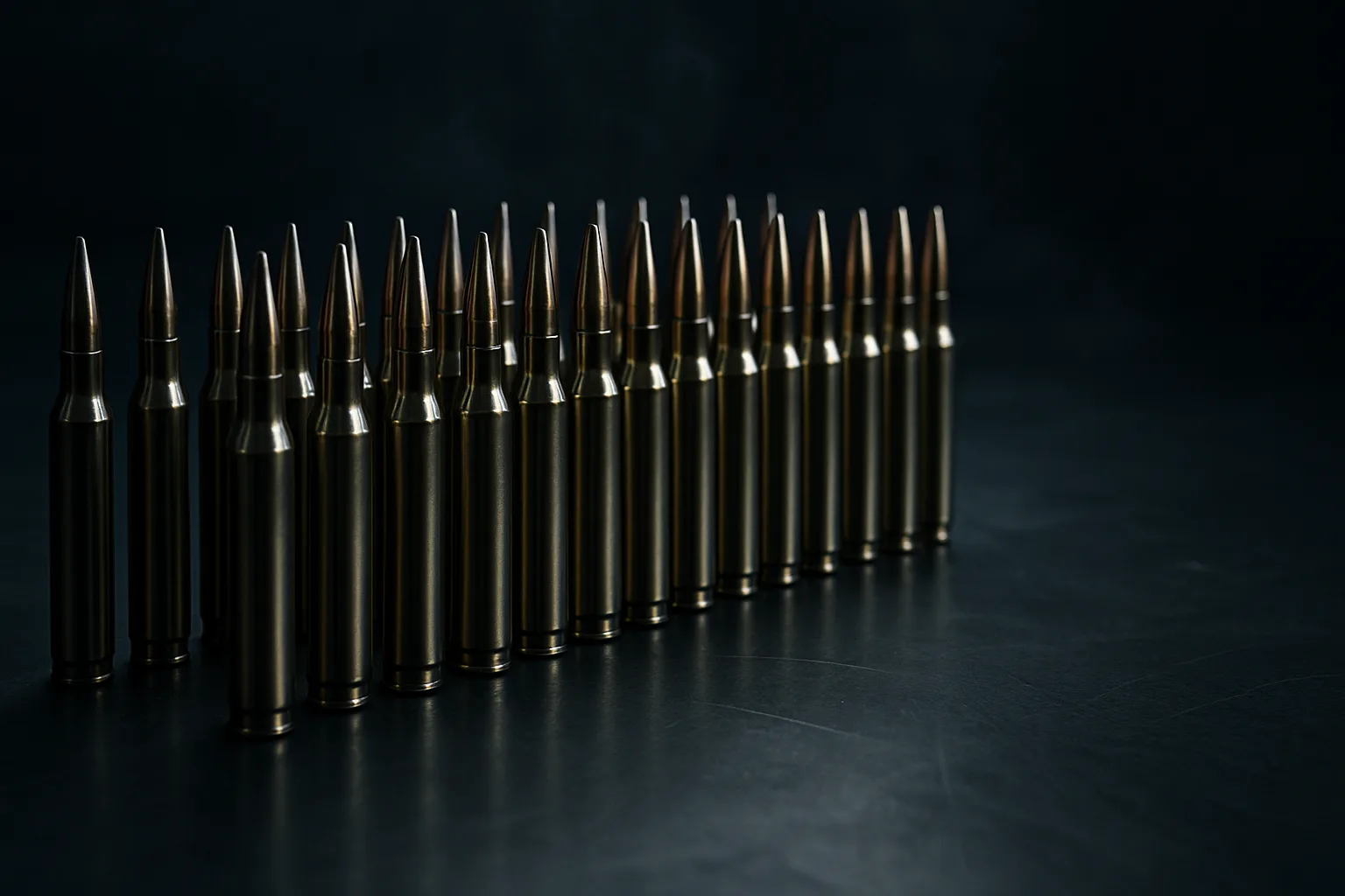 wide cinematic establishing shot for the Dealers page of ULTRAMAX Ammunition: a moody, low-key industrial photograph of 