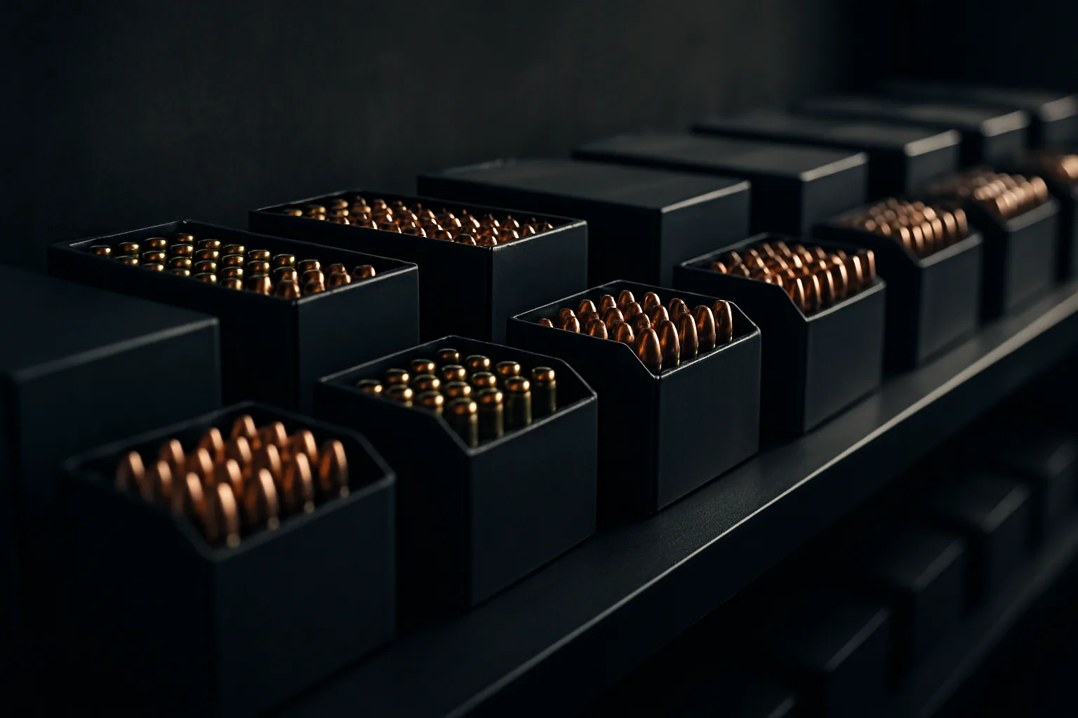 Wide panoramic cinematic photograph of premium American-made ammunition boxes arranged in tight rows on a matte black re